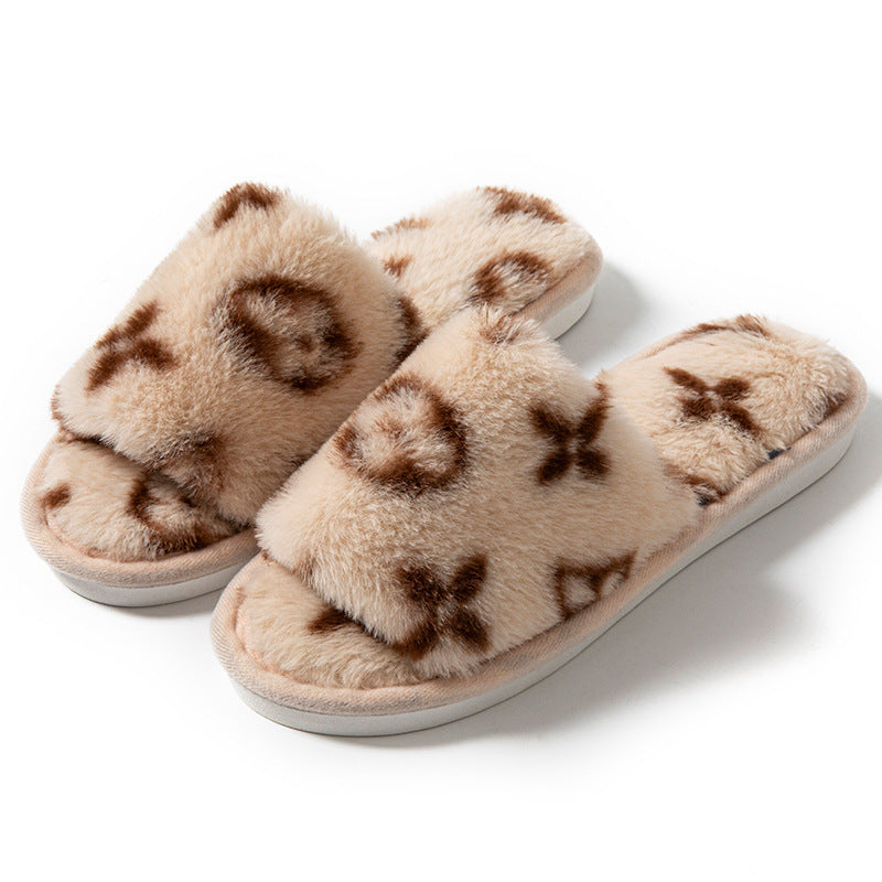 Women's Floral Faux Fur Slippers – Soft Open-Toe Comfort