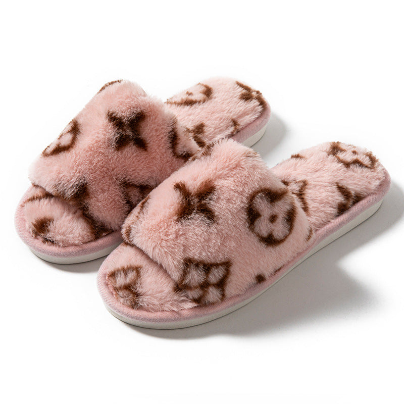 Women's Floral Faux Fur Slippers – Soft Open-Toe Comfort