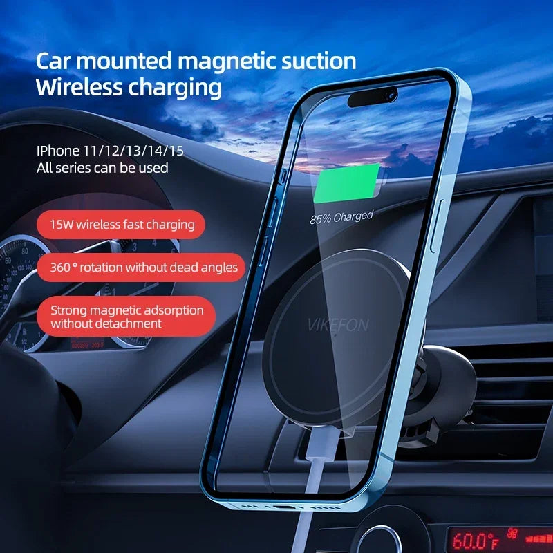 Magnetic Car Vent Wireless Charger for iPhone 12–16 – 360° Mount
